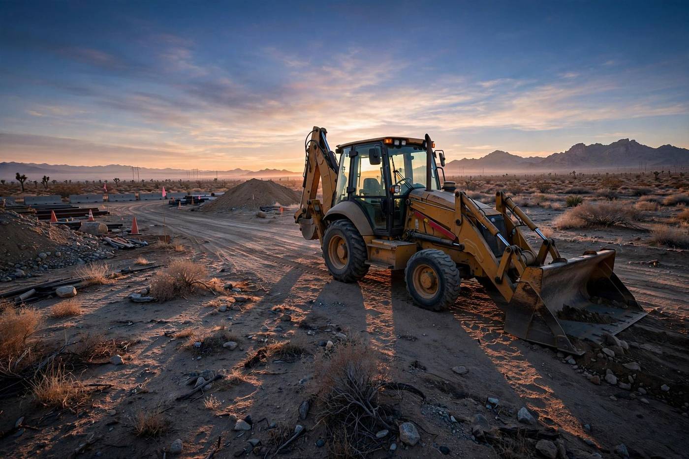 Backhoe loader on a desert job site at dawn