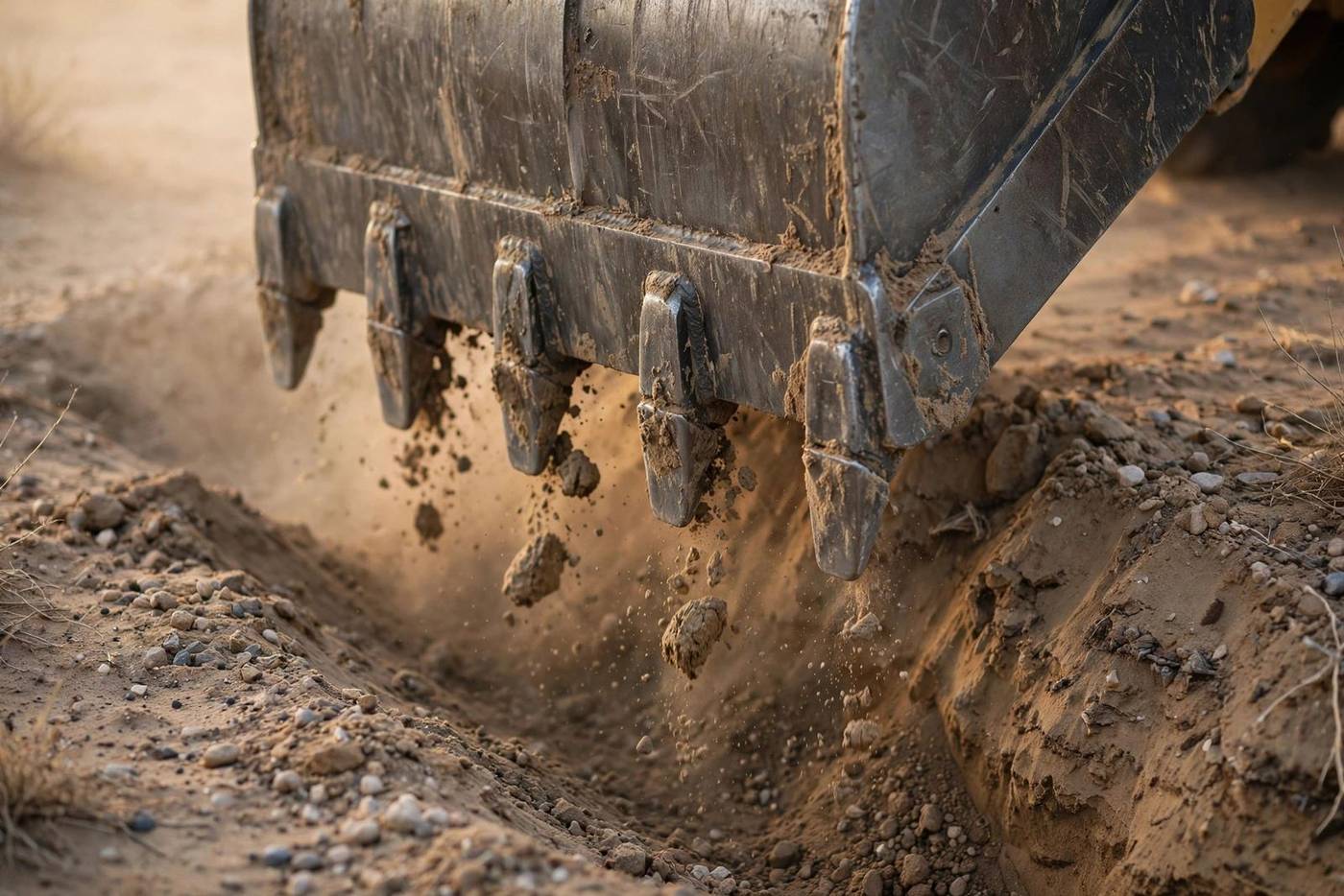 Backhoe bucket digging a trench in desert soil