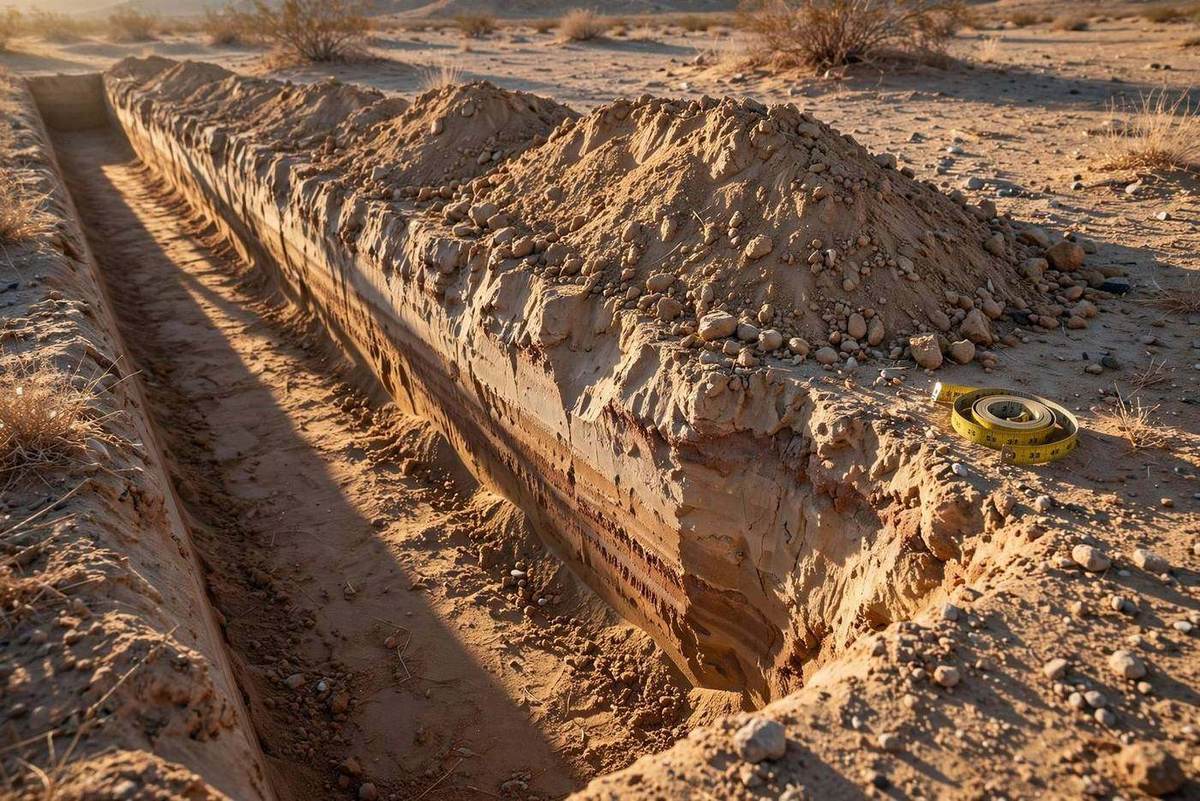 Freshly dug trench with clean walls and a measuring tape